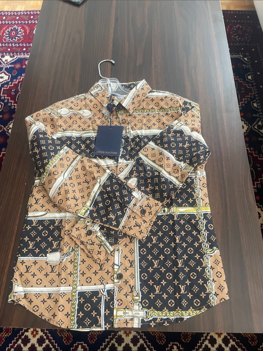 Louis Vuitton Men’s Tan & Black Monogram Patchwork Button-Down Shirt
